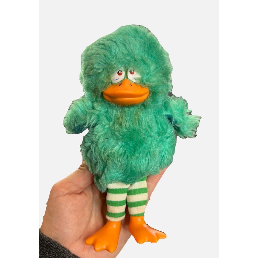 70s Lester Lonely Looney- fuzzy bird doll- green teal - some wear